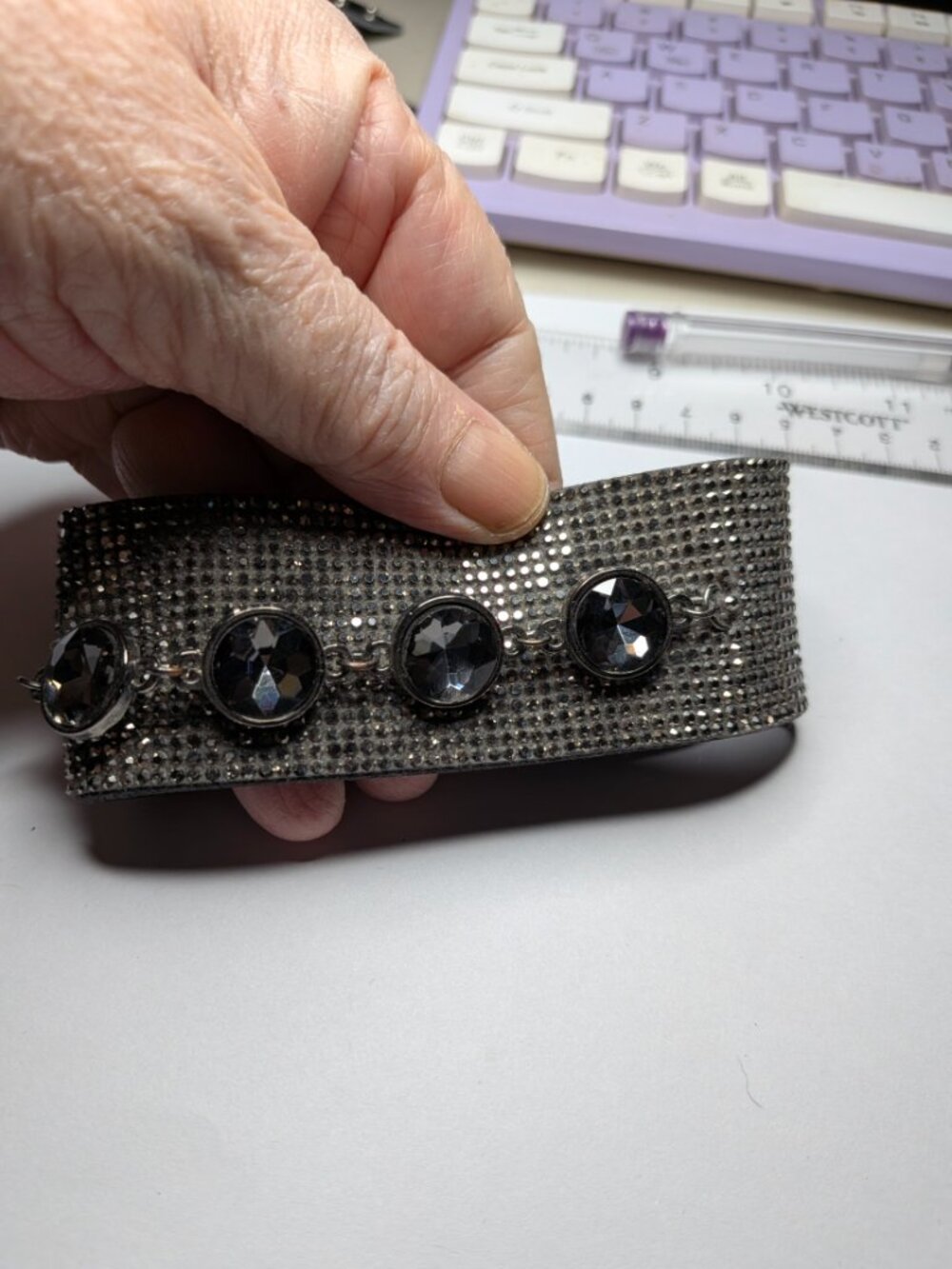 Gray Faux Suede Bracelet with Black Faceted Stones — Larger Fit
